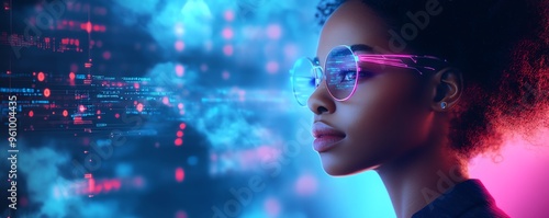 African American woman Coco in 3D illustration, cloud computing concept set, managing cloud service server for data storage, processing, and promotional materials