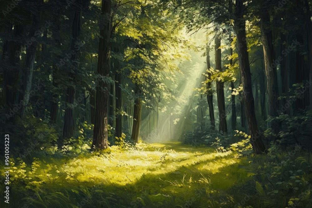 Fototapeta premium Serene Sunlit Forest with Lush Green Undergrowth - Peaceful Woodland Landscape , ai