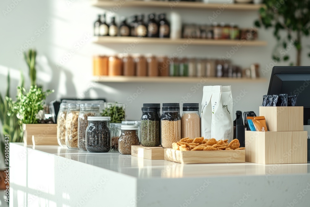 A bright, inviting counter displaying jars of snacks and ingredients in a modern setting. A bright, inviting counter displaying jars of snacks and ingredients in a modern setting.