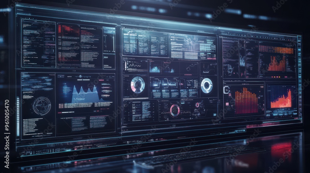 Fototapeta premium A high-tech screen displaying multiple data analysis panels with graphs, charts, and metrics, representing advanced analytics and digital trends.