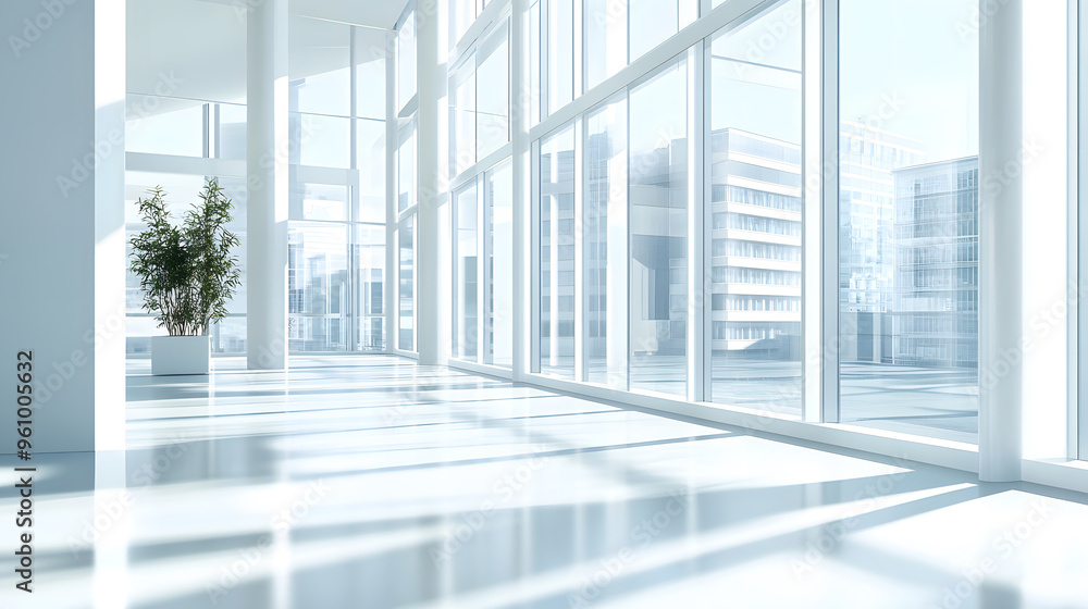 Bright airy office space with floor-to-ceiling windows and soft natural light, offering expansive views and a serene atmosphere Bright airy office space with floor-to-ceiling windows and soft natural light, offering expansive views and a serene atmosphere