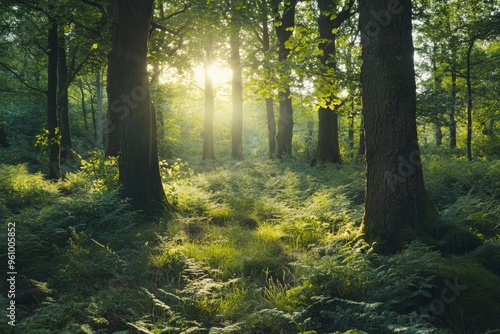 Serene Sunlit Forest with Lush Green Undergrowth - Peaceful Woodland Landscape , ai