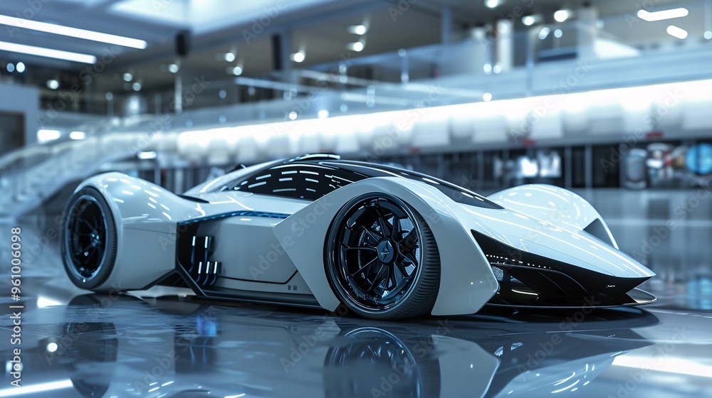Obraz premium Futuristic White Sports Car in Modern Showroom