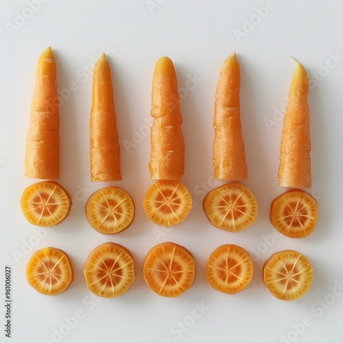 Close-up of raw orange carrots on a white background, healthy and fresh vegetable for vegetarian diet