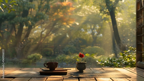 Autumnal bouquet in a glass vase adorns a stone table in a park, surrounded by colorful flowers and foliage