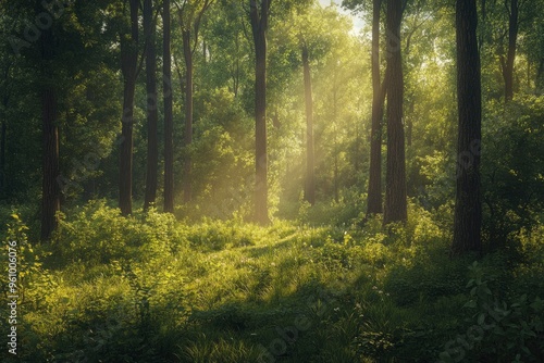 Serene Sunlit Forest with Lush Green Undergrowth - Peaceful Woodland Landscape , ai