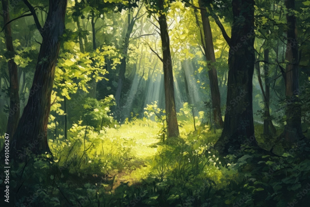 Obraz premium Serene Sunlit Forest with Lush Green Undergrowth - Peaceful Woodland Landscape , ai