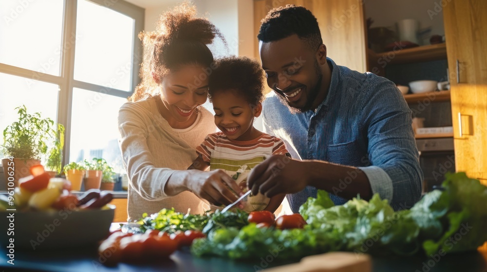 Family Cooking Together in a Sunny Kitchen Family Cooking Together in a Sunny Kitchen