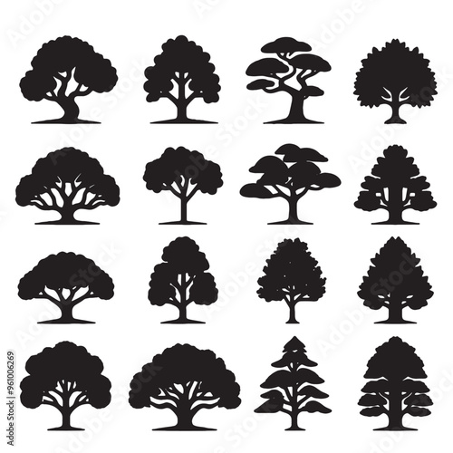 set of trees silhouettes	 on white
