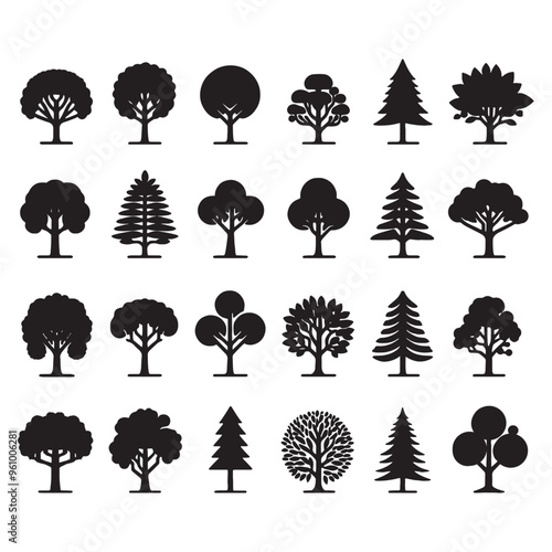 set of trees silhouettes	 on white