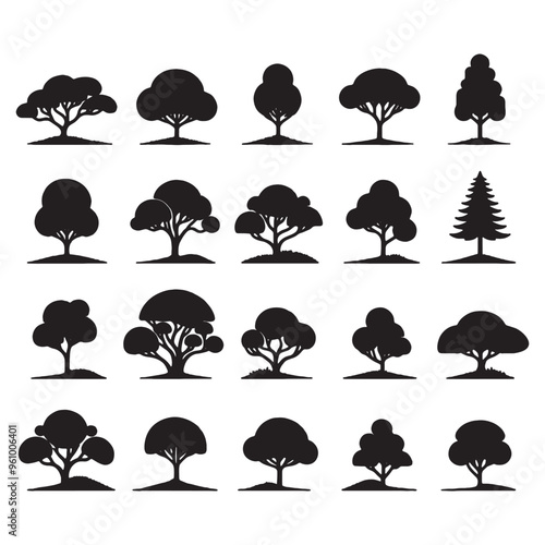 set of trees silhouettes	 on white