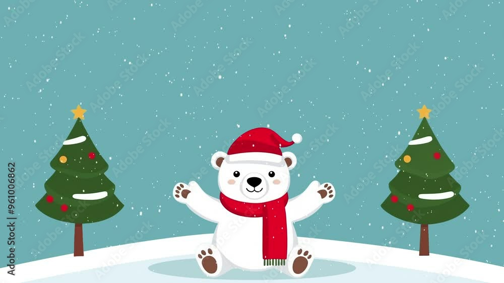 Polar bear with open arms wearing a scarf and a red Christmas hat. christmas concept Polar bear with open arms wearing a scarf and a red Christmas hat. christmas concept