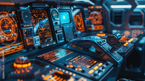 Fototapeta Naklejka Na Ścianę i Meble -  Futuristic spaceship cockpit control panel with digital displays