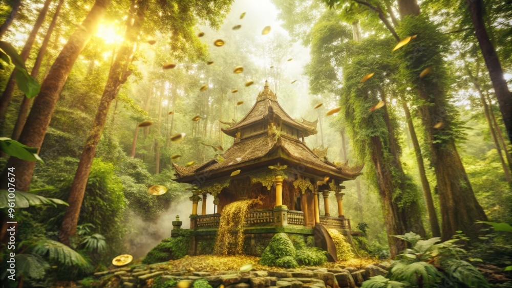 Fototapeta premium Golden Waterfall Cascading from a Pagoda in a Lush Green Forest