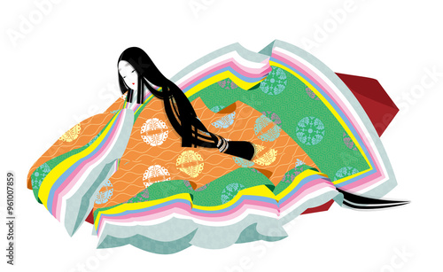 日本の平安時代風の袿姿の女性のイメージイラスト