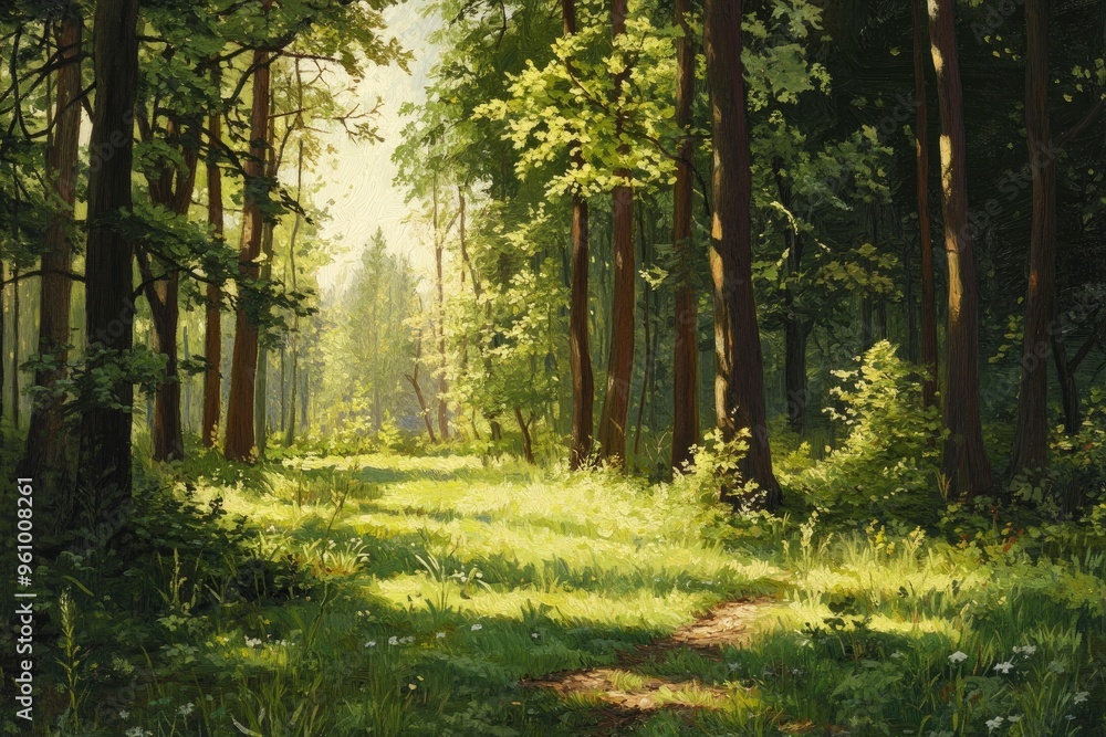 Fototapeta premium Serene Sunlit Forest with Lush Green Undergrowth - Peaceful Woodland Landscape , ai