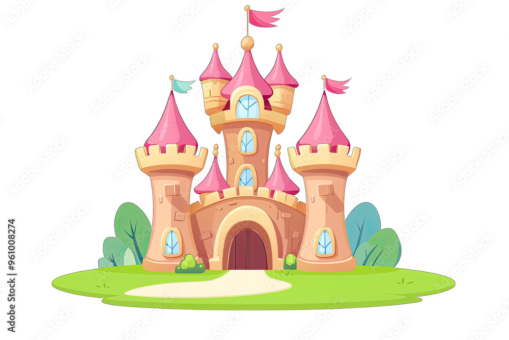 A whimsical castle with pink towers and flags, surrounded by green grass, perfect for children's illustrations and fantasy themes. A whimsical castle with pink towers and flags, surrounded by green grass, perfect for children's illustrations and fantasy themes.