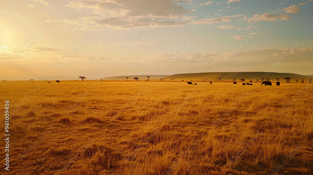 Obraz premium Vast African Savanna at Sunrise with Acacia Trees and Elephants Grazing