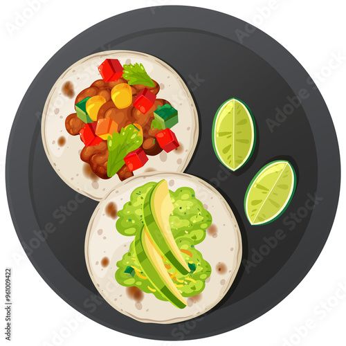 Two tacos with lime slices on a plate