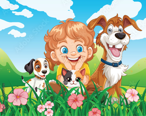 Happy Child with Pets in Nature