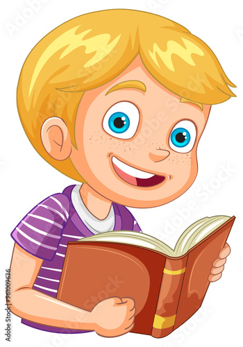 Smiling boy enjoying a good book