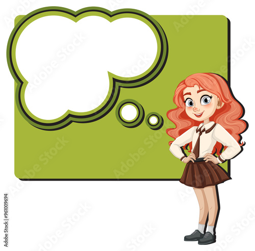 Red-haired girl with a green thought bubble