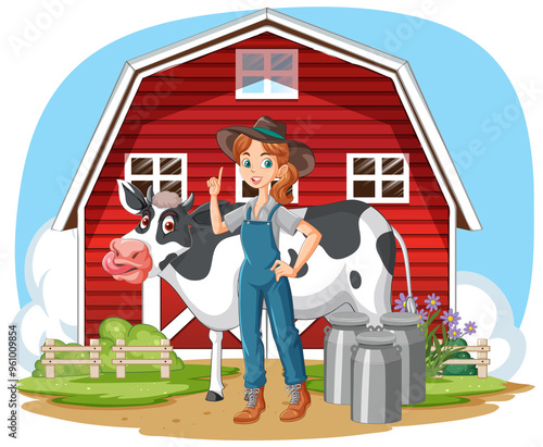 Farmer with cow near red barn and milk cans