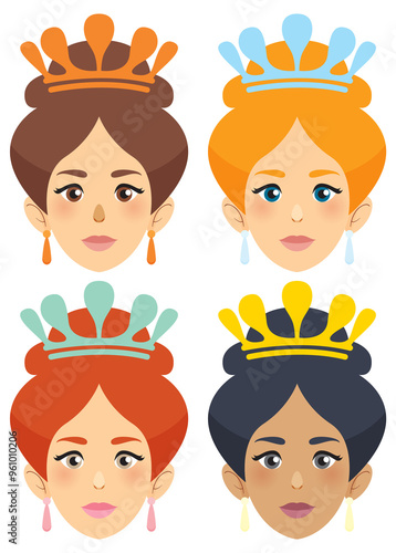 Four queens with different hair colors and crowns
