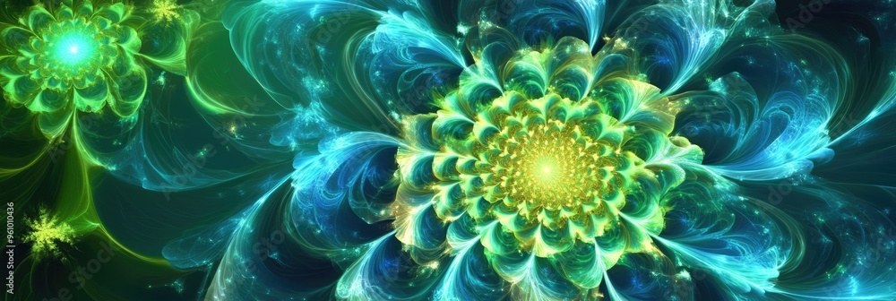 Abstract Digital Art of Glowing Green and Blue Fractal Flowers with Radiant Light Effects Abstract Digital Art of Glowing Green and Blue Fractal Flowers with Radiant Light Effects