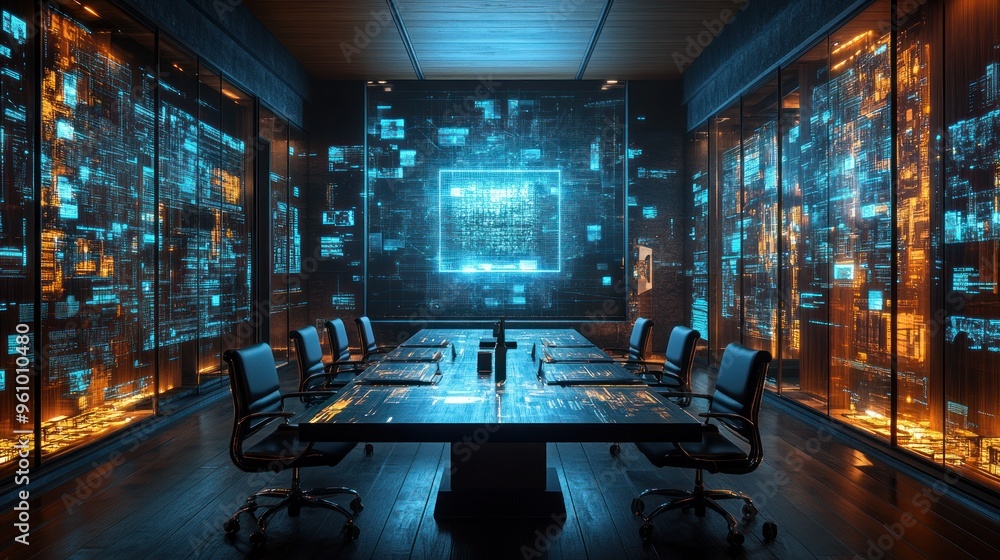 Modern Meeting Room with Futuristic Data Display Modern Meeting Room with Futuristic Data Display