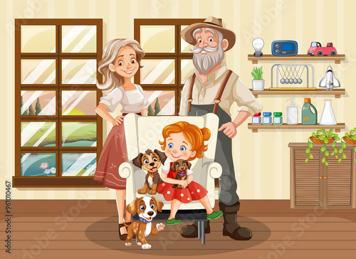Family enjoying time with their pet dogs