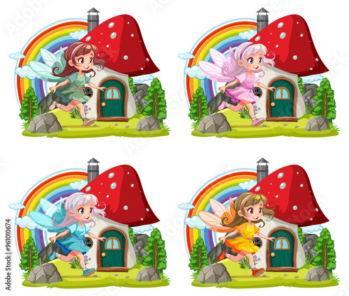 Four fairies near a mushroom house