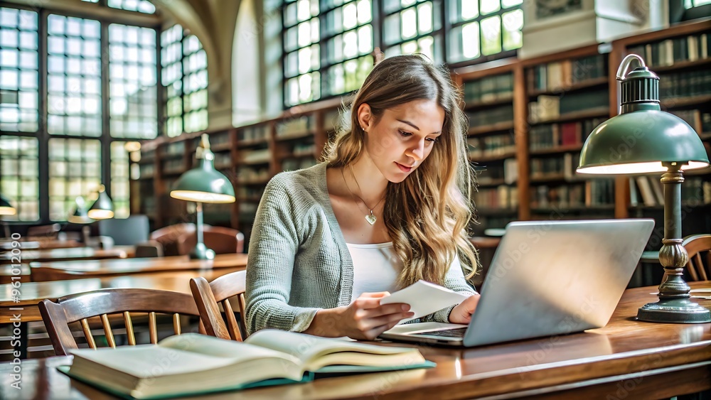 Young Woman Studying in a Library with a Laptop and Books. Young Woman Studying in a Library with a Laptop and Books.