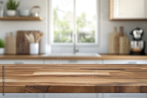 kitchen table background, wood counter top on blur of white clean abstract home interior with bokeh. used for display or montage your wooden for dining background , ai