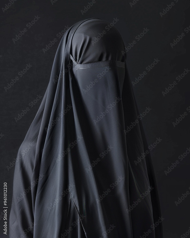Close up portrait of young, adult woman in black burqa with hidden face, isolated on black background. Close up portrait of young, adult woman in black burqa with hidden face, isolated on black background.