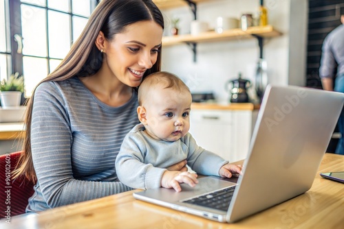 Mother working from home with baby on lap