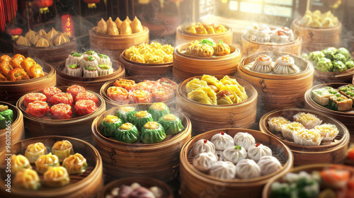 “Steamed Flavors: A Variety of Dim Sum in Bamboo Baskets”