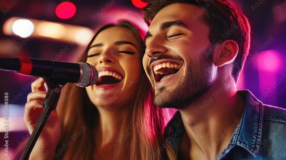 A joyful couple singing karaoke together, sharing the microphone with big smiles on their faces A joyful couple singing karaoke together, sharing the microphone with big smiles on their faces