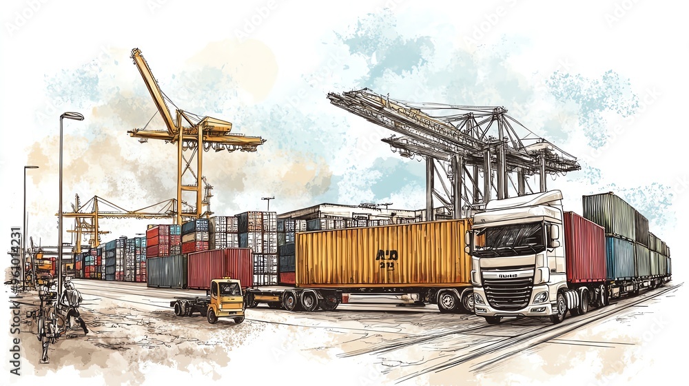 A detailed illustration of a busy shipping port featuring containers and cranes, capturing the essence of logistics and transportation. A detailed illustration of a busy shipping port featuring containers and cranes, capturing the essence of logistics and transportation.