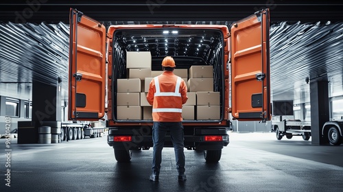 A delivery worker inspects a truck filled with packages, ready for distribution in a logistics warehouse.