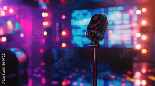 Close-up of a microphone stand on a karaoke stage, with colorful lights and a screen displaying lyrics in the background