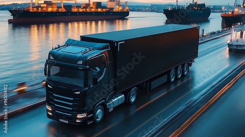 A sleek black truck navigating a rainy port road, reflecting the vibrant lights of nearby ships, showcasing modern logistics.