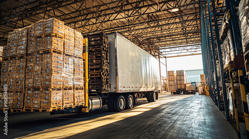 A transport truck unloading goods in a spacious warehouse filled with stacked pallets under natural light.