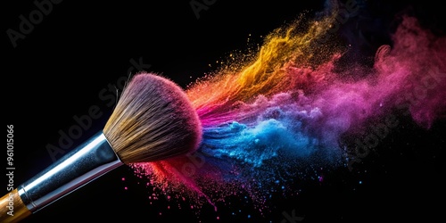 A high-quality makeup brush covered in a vibrant powder explosion against a black background