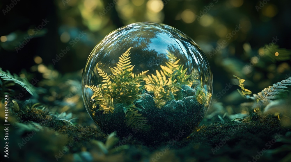 Enchanting Forest Scene with Ferns Reflected in a Crystal Ball, Capturing Nature's Beauty and Mystique Enchanting Forest Scene with Ferns Reflected in a Crystal Ball, Capturing Nature's Beauty and Mystique