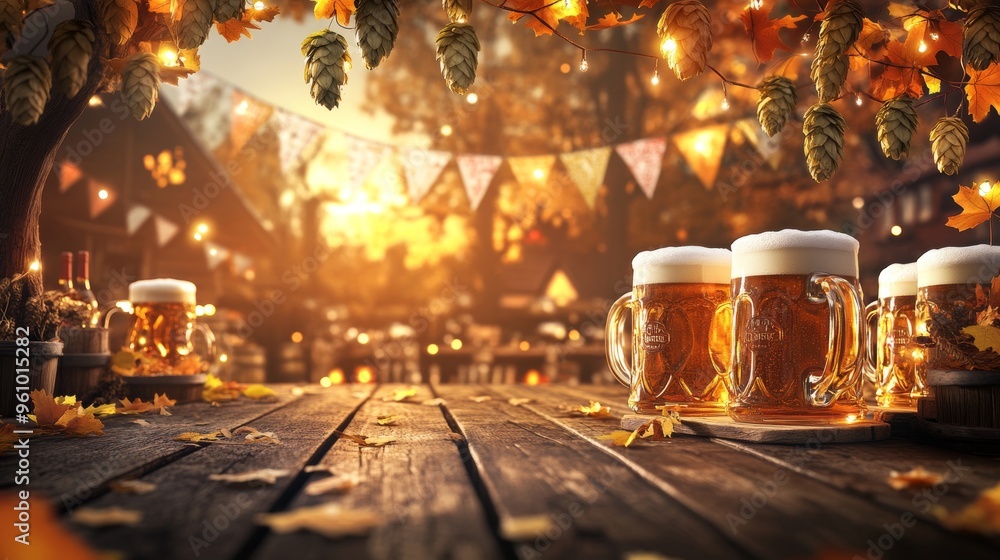 A cozy Oktoberfest background featuring a row of frothy beer mugs sitting on a rustic wooden table, surrounded by traditional Bavarian decorations. The scene is set in a warm, festive beer garden A cozy Oktoberfest background featuring a row of frothy beer mugs sitting on a rustic wooden table, surrounded by traditional Bavarian decorations. The scene is set in a warm, festive beer garden