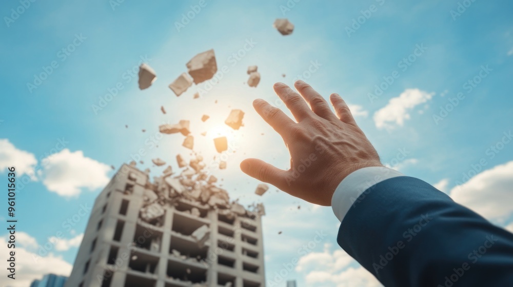 Obraz premium A man's hand is reaching out to stop a pile of rubble from falling.