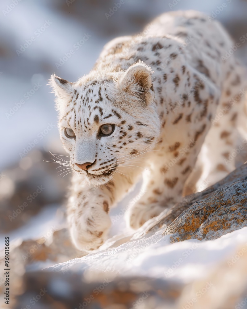 Fototapeta premium Snow leopard climbing rocky mountain terrain, rare predator, soft morning light illuminating snowy backdrop creates a stunning scene.