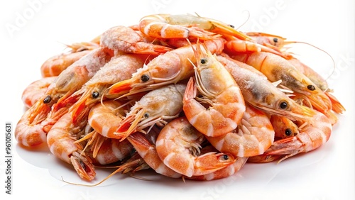 Close-up of perfectly frozen shrimps on a white background