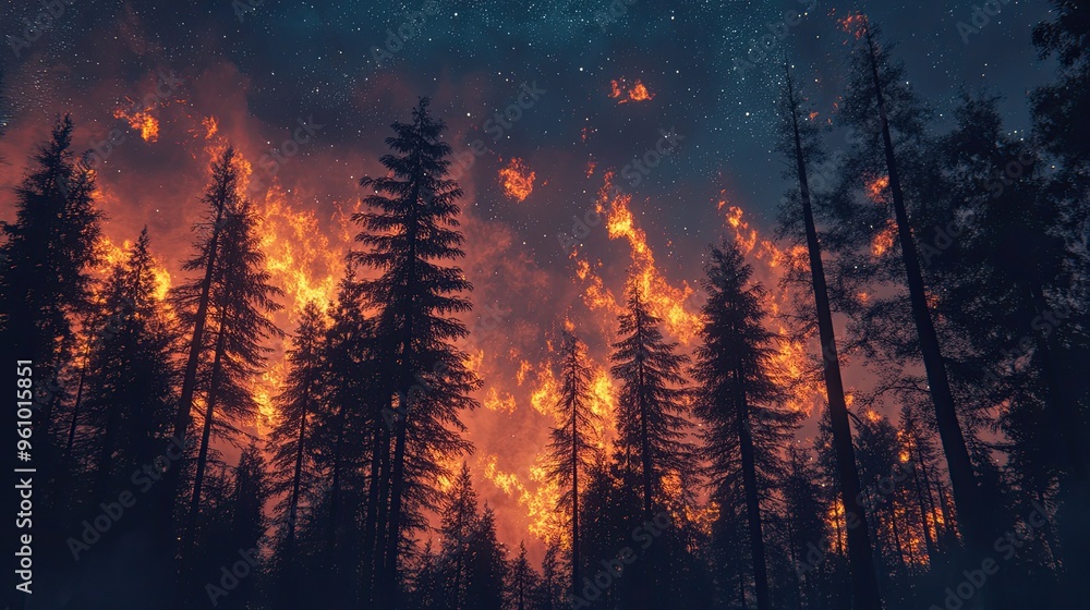 Intense Forest Fire Under Starry Night Sky with Tall Trees Ablaze in Dramatic Landscape Intense Forest Fire Under Starry Night Sky with Tall Trees Ablaze in Dramatic Landscape